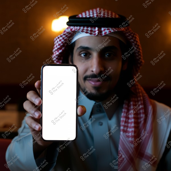 A portrait of a man wearing traditional attire, including a thobe, ghutra, and agal. He is holding a smartphone with a blank white screen in his right hand. The background is blurred and warmly lit, emphasizing the man\'s face and the phone.
