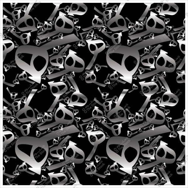 خلفية سوداء تحتوي على نمط متكرر لوجوه فضية تشبه الكائنات الفضائية.