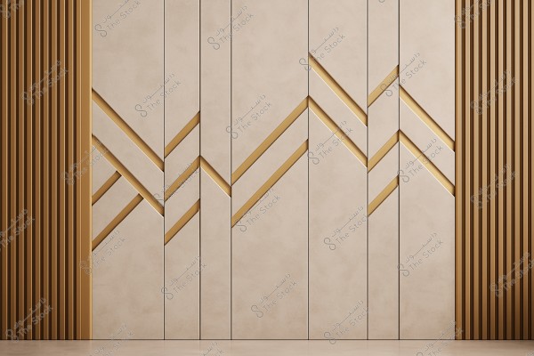 A modern wall design featuring elegant golden accents and wooden panels. The wall has neutral colors with intersecting golden geometric lines, suggesting luxury and elegance in interior design.