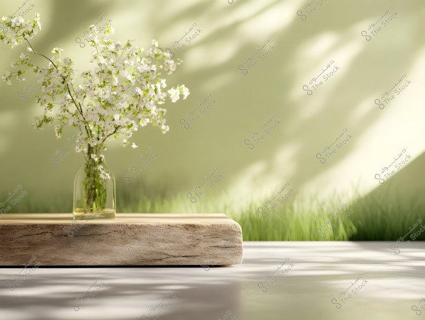 A small glass vase containing delicate white flowers placed on a wooden surface. The background is a light green with blurred shadows of grass and leaves, creating a serene and natural ambiance.