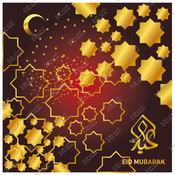 Golden design of stars and crescent with \"Eid Mubarak\" in elegant script on a red to brown background.