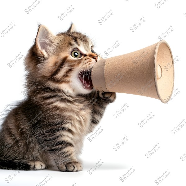A small tabby kitten with brown and white fur holds a cardboard megaphone in its mouth, standing against a white background. The kitten looks playful and energetic.