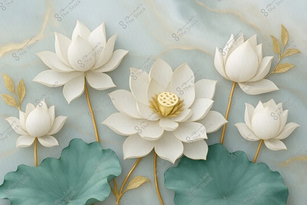 An elegant art piece depicting a cluster of large white lotus flowers with golden details in the center of the image, accompanied by green lotus leaves below, set against a light blue background with subtle golden accents.