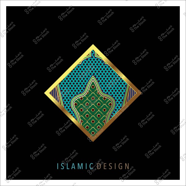 تصميم إسلامي بتفاصيل ذهبية وهندسية متماثلة على خلفية سوداء.