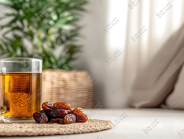 An image of a transparent beverage, possibly tea, in a glass mug placed on a circular wicker mat. Next to the mug is a cluster of brown dates. In the background, there is a green plant and soft lighting filling the space.
