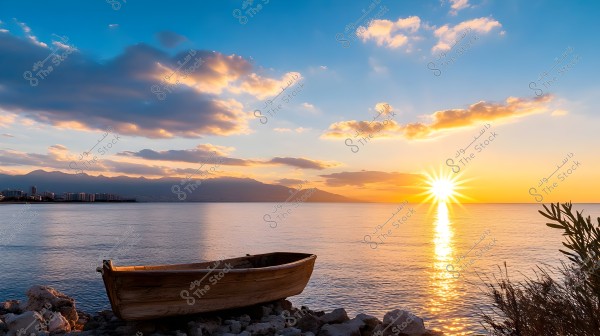 An old wooden boat on a rocky shore overlooks a sunset over the sea. The sky is filled with scattered clouds reflecting shades of orange and yellow, with mountains in the distance and the horizon embracing the sun\'s rays reflected on the water\'s surface.