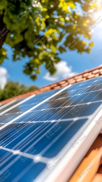 A solar panel is shown on the roof of a building covered with orange tiles. In the background, there is a clear blue sky with a few clouds and green tree leaves.