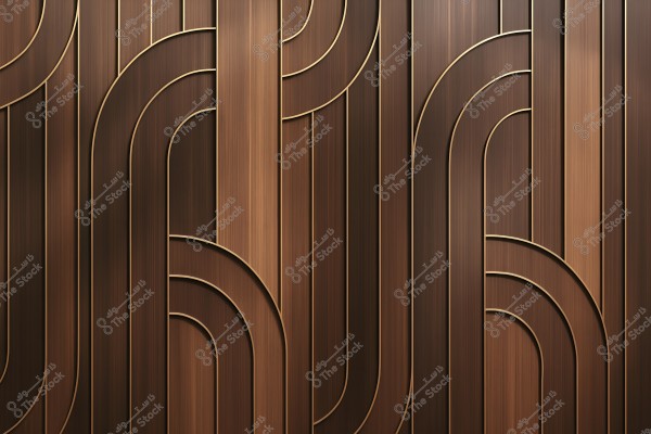 Image of an abstract geometric pattern with warm wooden colors. The pattern consists of parallel and curved lines in brown and gold hues, creating an elegant and modern appearance.