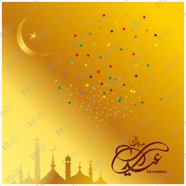 تصميم بطاقة تهنئة بالعيد مع هلال وأبراج مسجد وعبارة \"عيد مبارك\" على خلفية ذهبية بنجوم ملونة.