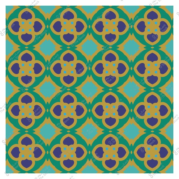 Islamic decorative pattern with repeating motifs in blue, green, and gold colors.