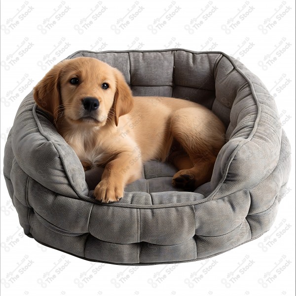 A brown puppy lying in a cozy gray bed. by AI