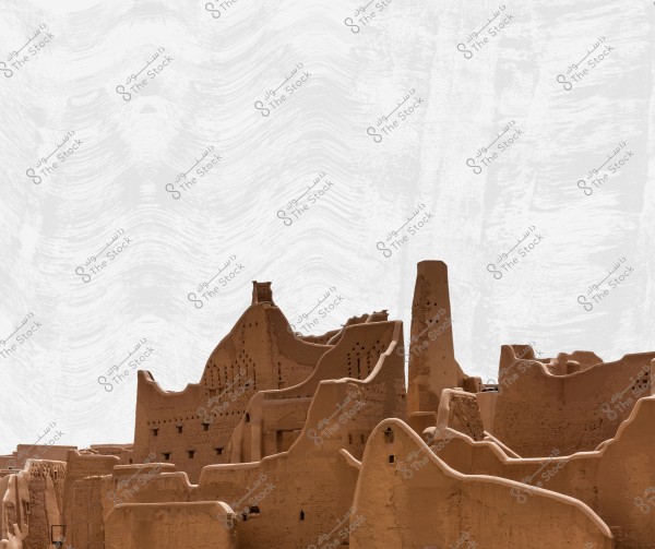 Image depicting traditional mud-brick buildings with architectural designs characteristic of ancient Arabian style. The buildings are adjacent and multi-leveled, featuring engravings and decorations on the walls. The background shows a white-grey hue with a feather-like texture effect.