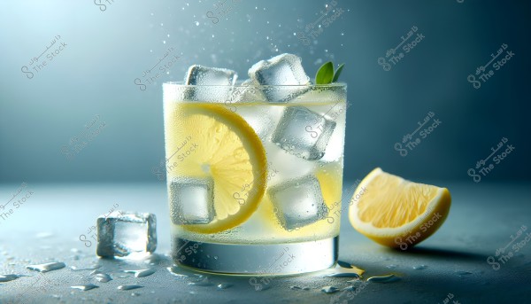 The image shows a glass filled with lemon slices and ice cubes, with droplets of water on the outside of the glass. There is another lemon wedge on the surface next to the glass. The background is a soft blue color, enhancing the feeling of freshness and coolness.