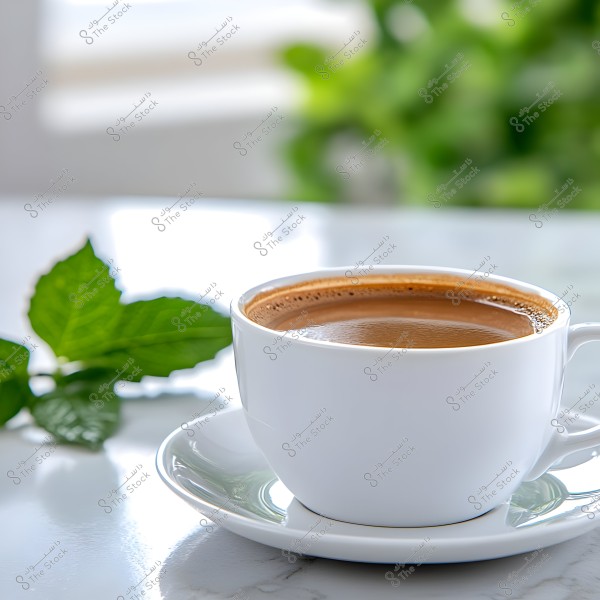 A white coffee cup filled with dark brown coffee sits on a smooth table. Behind the cup, there are green leaves suggesting a plant. The background is blurred and appears light green, indicating a natural setting.
