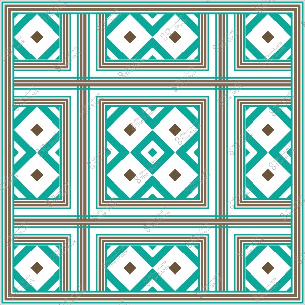 Geometric design with symmetrical square patterns in turquoise, brown, and white, featuring diamond shapes and parallel lines.