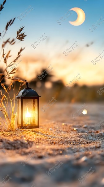 A lit lantern on the sand in the evening, against a blue and orange sky. A crescent moon appears in the sky, adding a tranquil and enchanting ambiance. Wild plants beside the lantern provide a sense of nature and harmony.
