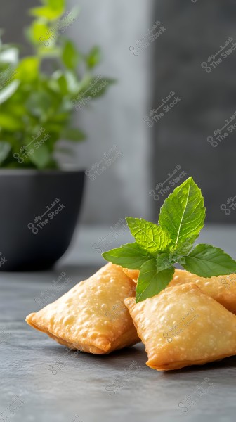An image of a group of golden fried samosas placed on a gray surface. Fresh green mint leaves are on top of them. In the background, there is a black pot containing blurred green plants.