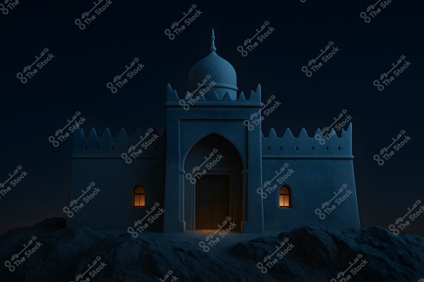 An image of a traditional Islamic-style building or castle featuring a large central dome and surrounded by walls with Arabic architectural style. The building is illuminated from inside with a warm glow emanating from small arched windows. The photo is taken at night, highlighting the architectural details against the dark background.