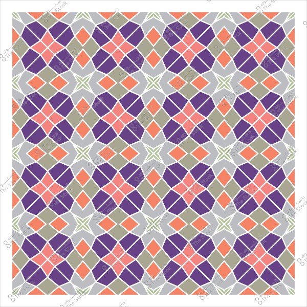 تصميم هندسي متكرر بأشكال نجمية متعددة الألوان تشمل البنفسجي, البرتقالي, والرمادي, مرتبة بانتظام بنمط متناظر ومعقد يشبه الفن الإسلامي التقليدي.

-