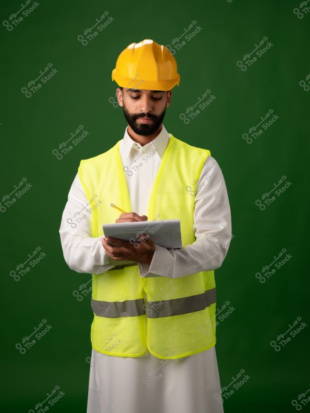 رجل يرتدي خوذة أمان صفراء وسترة عاكسة صفراء, يمسك بدفتر ويكتب فيه. يرتدي ثوبًا أبيض ويقف أمام خلفية خضراء.