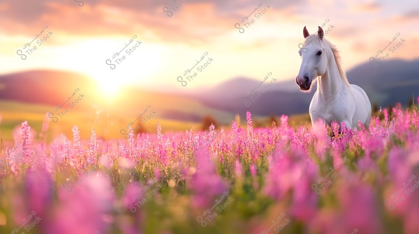 The image shows a beautiful white horse standing in a field of purple and pink flowers. The sun is rising on the horizon, creating a warm atmosphere and a stunning natural landscape. The distant mountains are slightly blurred, adding depth to the image.