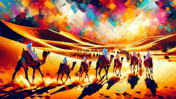 An acrylic painting of Saudi men riding camels in the middle of the vast sand, arts and drawings, the art of drawing.