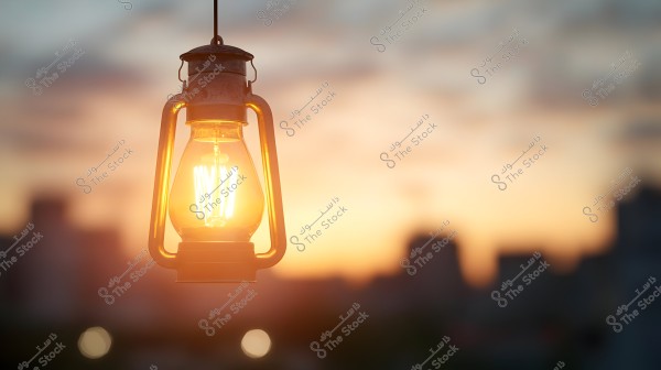 An old hanging lantern with a bright light, featured prominently at sunset. The background includes a sky painted with the warm colors of the sunset and some blurred buildings.