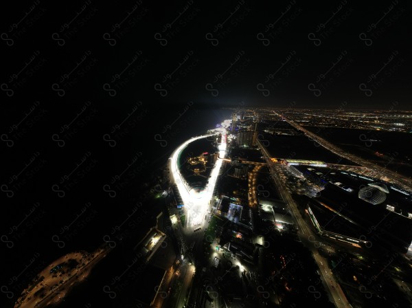 An aerial shot of the waterfront, one of the landmarks of the city of Jeddah, showing the city's buildings and landmarks, skyscrapers, the Red Sea