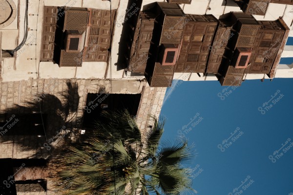 Image of a traditional ornate window on an old building with palm tree shadows on the wall.