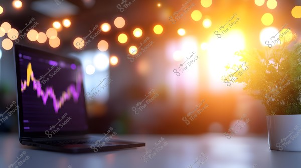 An image showing a laptop displaying a colorful chart with vibrant hues of yellow and purple. The background is blurred with warm orange lights filling the scene, and on the right side, there is a small plant in a white pot reflecting sunlight.