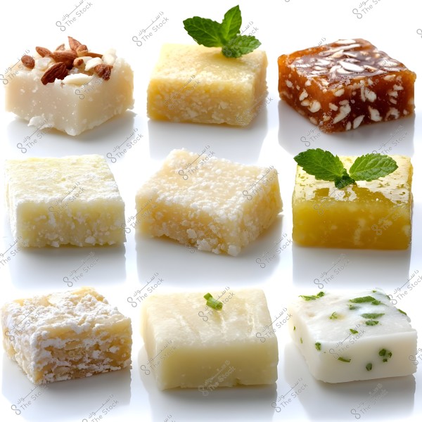 An image of a variety of square-shaped sweets arranged on a white surface. The sweets vary in color, including yellow, creamy, and brown pieces, some adorned with nuts and mint leaves. The simple design and modern style reflect an elegant presentation.
