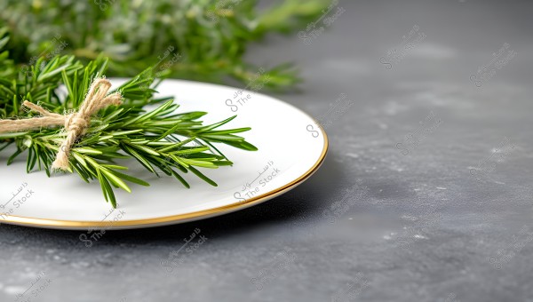 A white plate with a golden rim holds a bundle of fresh rosemary sprigs tied with a jute string. The surface is dark gray, and some green branches are visible in the background.