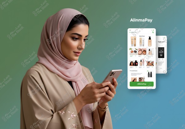 A woman wearing a beige abaya with floral embroidery and a light pink hijab is holding a smartphone. Behind her is a digital shopping app interface displaying various products, set against a gradient green and blue background. The visible title is \"AlinmaPay\".