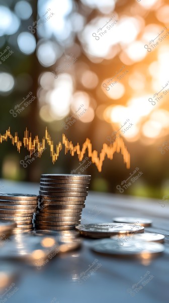 An image of a group of stacked coins on a flat surface, with a blurred background featuring sunlight streaming through trees. Above the coins, there is a line graph illustrating price or stock fluctuations, suggesting economic or investment themes.