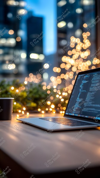 An open laptop displaying a text editor with code, placed on a wooden desk. In the background, small, blurred lights resembling decorations and high-rise buildings with illuminated windows at dusk.