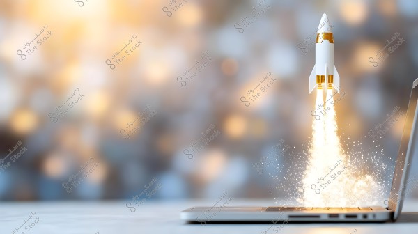 A small rocket is launching from a laptop screen, with flames and smoke emanating beneath the rocket. The background is blurred with lights, giving a sense of motion and energy.