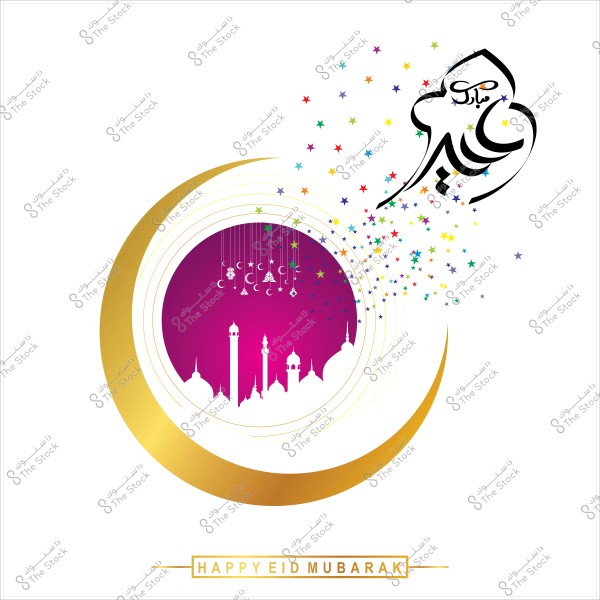 Eid Mubarak design with crescent moon, star decorations, and mosque silhouette.