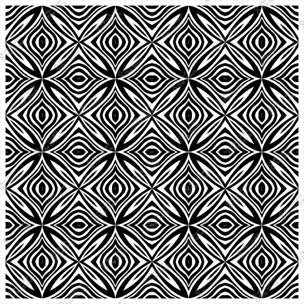 A black and white geometric pattern design featuring repeated symmetrical eye shapes.