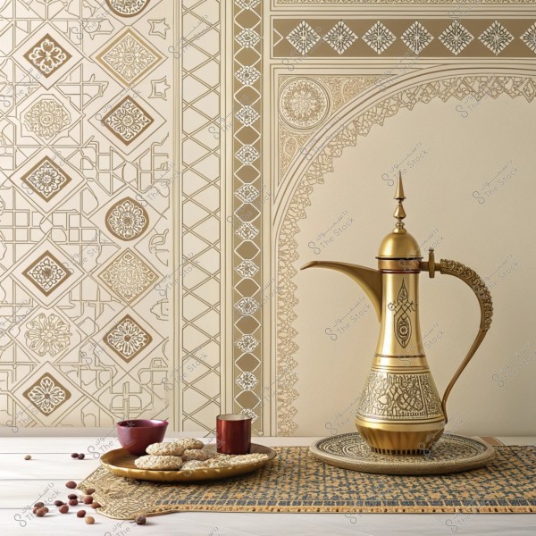 تظهر الصورة طاولة تقليدية مزينة بزخارف هندسية شرقية, تحتوي على دلة قهوة عربية ذهبية اللون وزخارف معقدة. بجانب الدلة يوجد صحن دائري صغير يحتوي على قطع من الحلوى وكؤوس شاي صغيرة. خلفية الصورة مزينة بزخارف مشابهة ذات ألوان ذهبية متناسقة.
