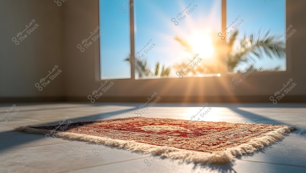 The image shows a sunlit room with sunlight streaming through a large window. On the floor, there is a red patterned rug with white fringes. Outside the window, palm trees are visible, adding a natural view. The reflected sunlight casts long shadows on the floor.