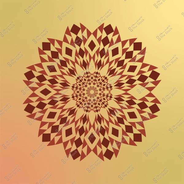 A geometric design with a multi-layered star pattern in brown and gold colors on a gradient background transitioning from yellow to orange. The design features diamond shapes and triangles interwoven in an appealing manner.