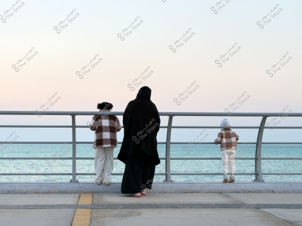 تقف امرأة وطفلان يرتديان معاطف شتوية على ممشى يطل على البحر, مع منظر للسماء الزرقاء والماء الهادئ في الأفق.\r\n  \r\n-