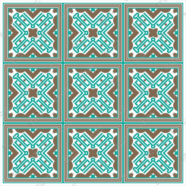 تصميم هندسي تقليدي يتكون من مربعات متكررة بألوان بني وأزرق سماوي.