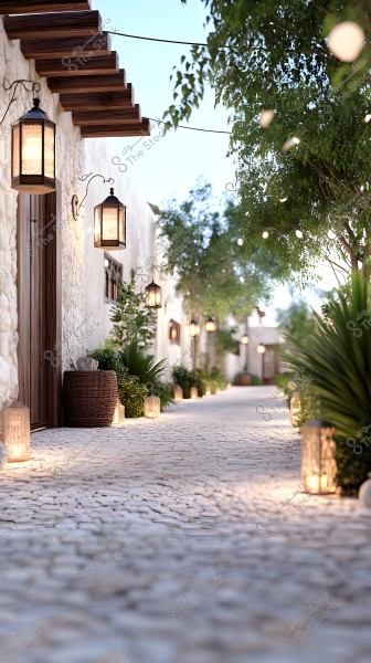 A cobblestone pathway illuminated by lanterns hanging on the exterior walls of stone-front buildings. The pathway is lined with green plants on both sides, and there are trees with green leaves in the background. The lighting creates a warm and serene atmosphere.