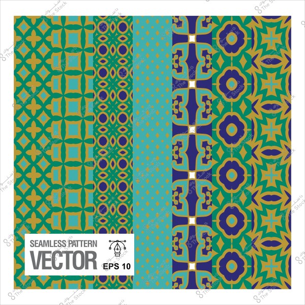 مجموعة من الأنماط الهندسية التقليدية بألوان خضراء وزرقاء وذهبية.