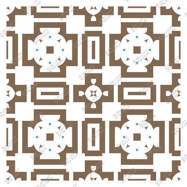 Repeating geometric pattern in brown and white with turquoise details.