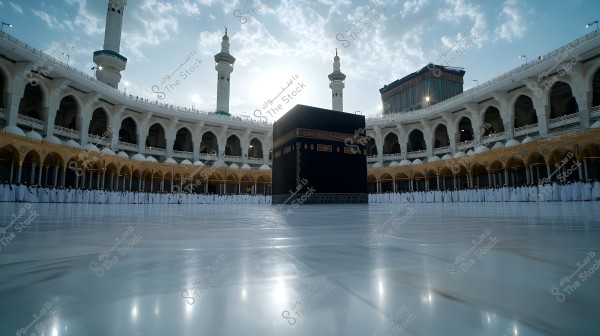 Image of the Kaaba in Mecca, Saudi Arabia, featuring its golden ornate details and the surrounding area of the Grand Mosque. In the background, mosque minarets and a sky filled with clouds are visible. A crowd of people wearing white ihram clothing is seen standing around the Kaaba.