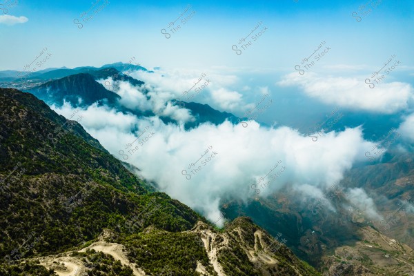 Captivating view of mountains covered in thick clouds under a clear blue sky. The pure white clouds spread over the mountain peaks, creating a stunning scene. Green vegetation can be seen extending over the mountain slopes.