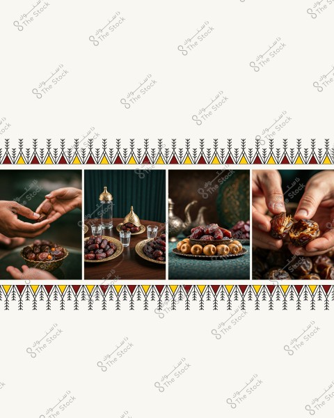 A collection of images depicting trays and plates filled with dates in a traditional setting. One image shows hands transferring dates from one plate to another. There\'s an image of ornate dishes in gold and brown filled with dates, accompanied by small transparent glasses. Another image shows a close-up of dates being opened. The images are decorated with traditional patterns on the background in red and yellow.