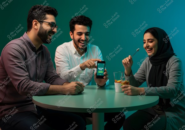 تجلس مجموعة من ثلاثة أشخاص حول طاولة دائرية, شخصان يرتديان قميصًا بينما ترتدي المرأة حجابًا وملابس حديثة. الرجل في الوسط يحمل هاتفًا محمولًا ويشير إلى الشاشة بابتسامة عريضة. الجميع يبدون سعداء ويتبادلون المشروبات وبعض الأحاديث الودية.